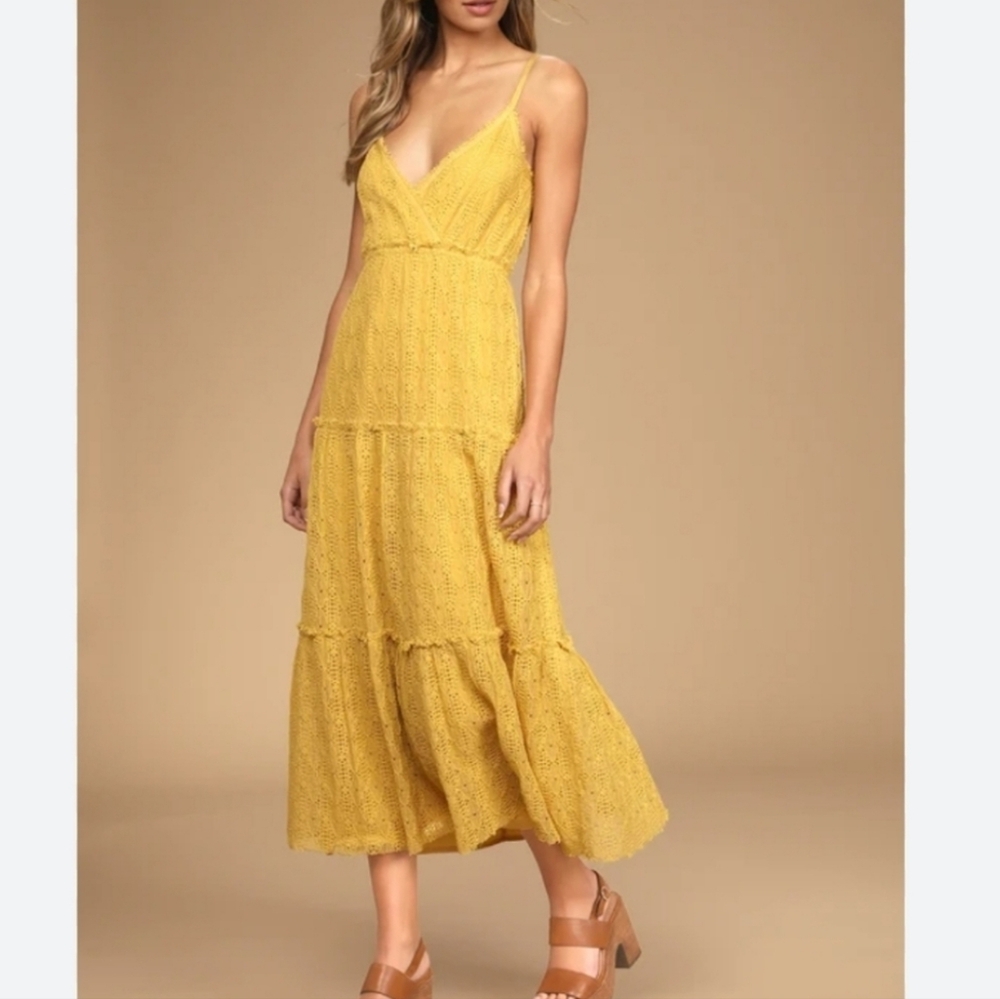 Lulu's "Summer Travels" Yellow Tiered Maxi Dress, Size Small Style#CB1328D
